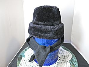 Vintage Black Faux Fur Hat With Neck Tie Scarf Small Fits Child's