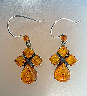 Amber And Sterling Silver Hook Earrings 1 3/4 Inches