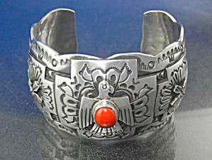 Navajo Sterling Silver Coral Bracelet Marcella James